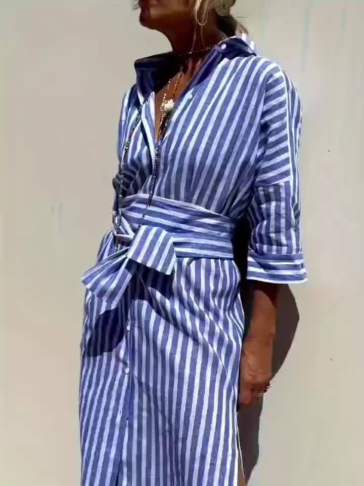 Christine | Striped Print & Button Closure with Belt
