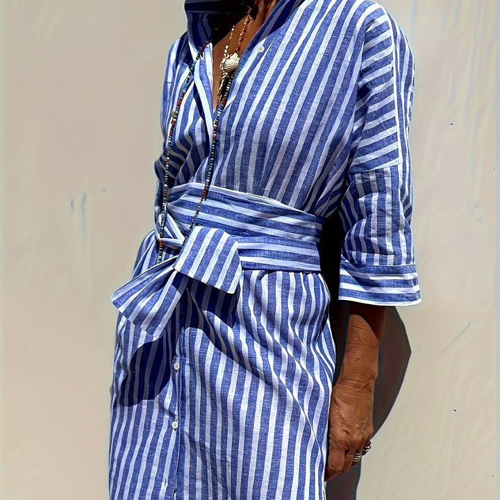 Christine | Striped Print & Button Closure with Belt